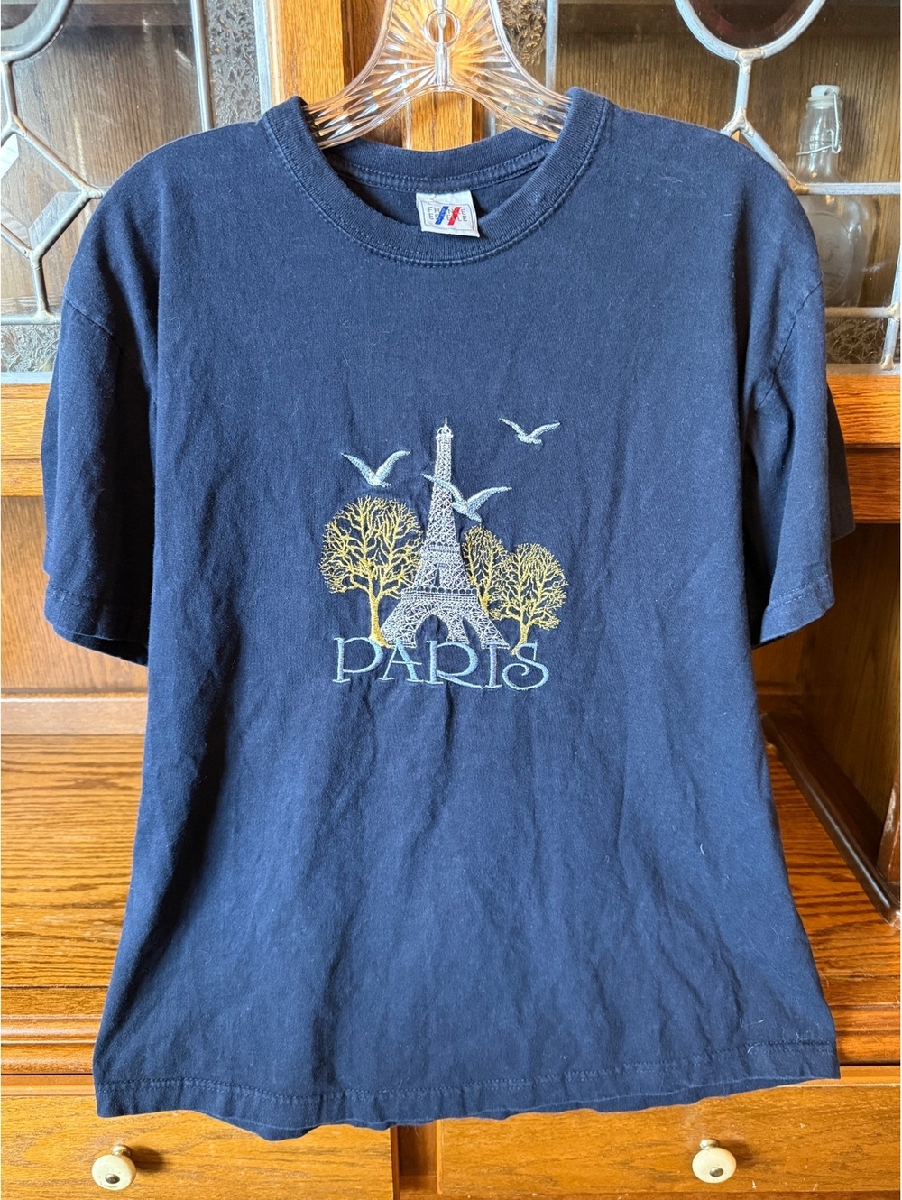 Vintage Paris France Embroidered Eiffel Tower Tee Navy L Y2K Souvenir